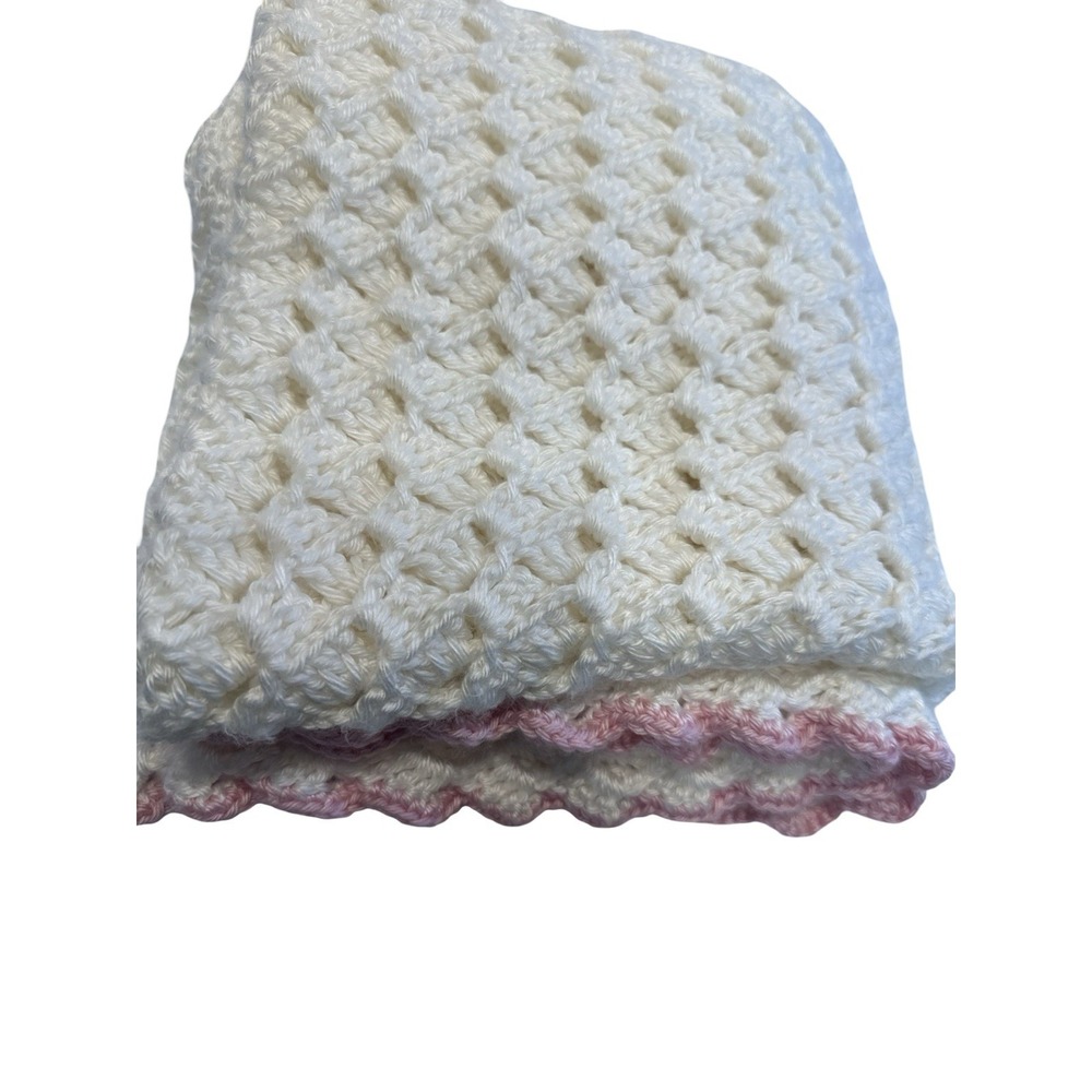 Vintage Handmade CROCHET AFGHAN BABY BLANKET Cream Pink Border 38"X 42" Bear‎ - Picture 6 of 9